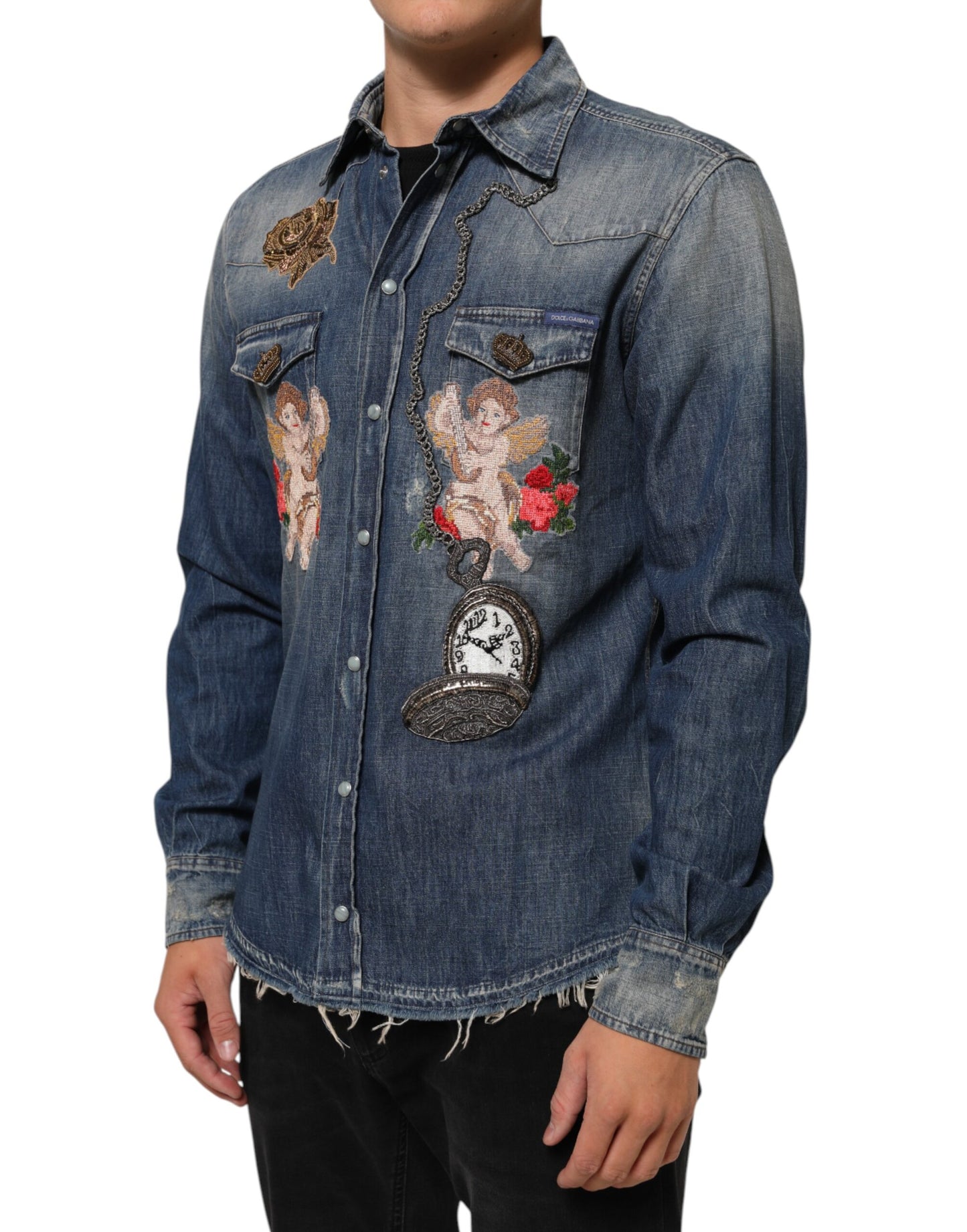Dolce &amp; Gabbana Blue Angel Patch Denim Button Down Herrenhemd