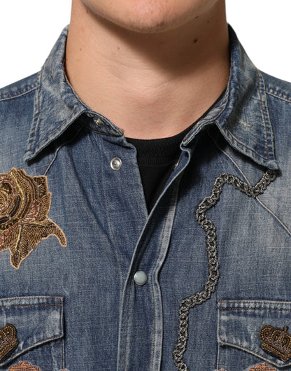 Dolce &amp; Gabbana Blue Angel Patch Denim Button Down Herrenhemd