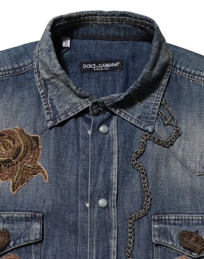 Dolce &amp; Gabbana Blue Angel Patch Denim Button Down Herrenhemd