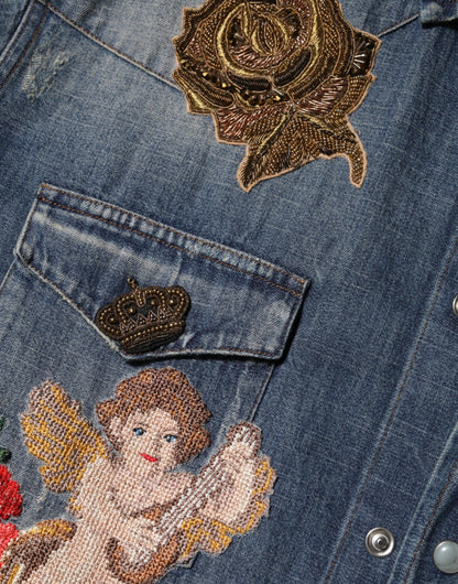 Dolce &amp; Gabbana Blue Angel Patch Denim Button Down Herrenhemd