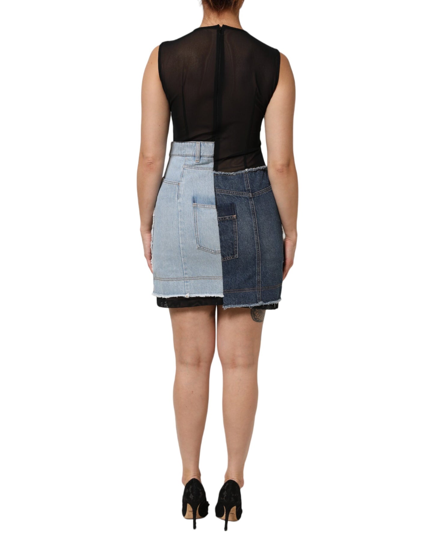 Dolce &amp; Gabbana – Blaues Mini-Etuikleid aus Nylon-Patchwork-Denim