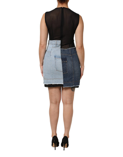 Dolce &amp; Gabbana – Blaues Mini-Etuikleid aus Nylon-Patchwork-Denim