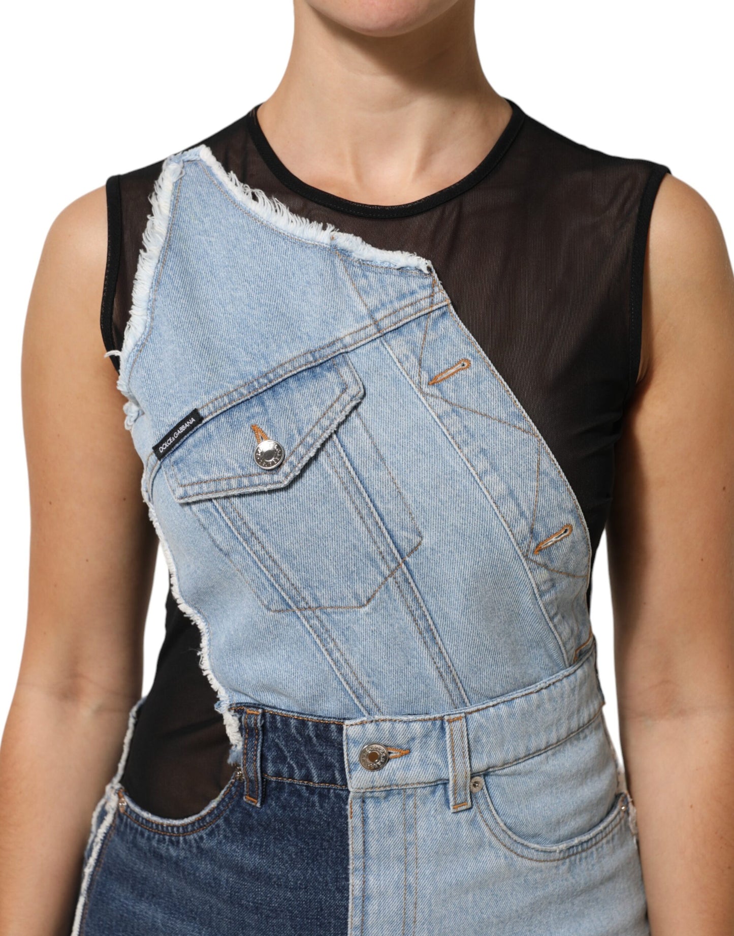 Dolce &amp; Gabbana – Blaues Mini-Etuikleid aus Nylon-Patchwork-Denim