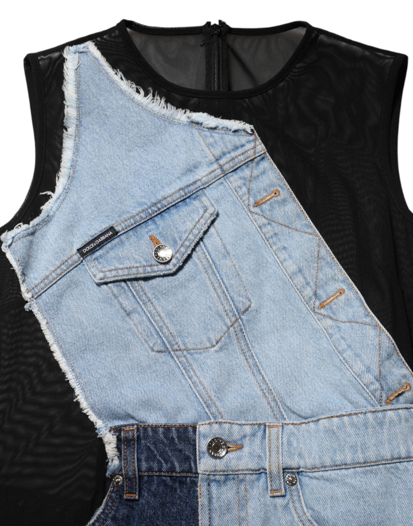 Dolce &amp; Gabbana – Blaues Mini-Etuikleid aus Nylon-Patchwork-Denim