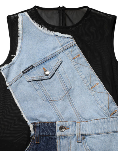 Dolce &amp; Gabbana – Blaues Mini-Etuikleid aus Nylon-Patchwork-Denim