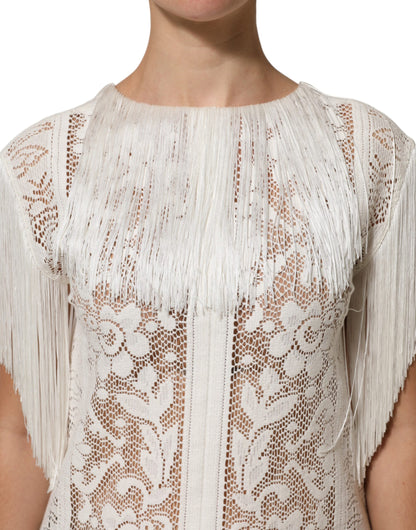 Dolce &amp; Gabbana – Knielanges Kleid mit weißen Blumen und Spitzenfransen