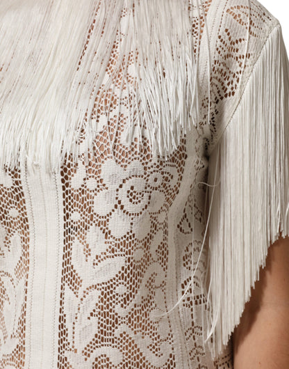 Dolce &amp; Gabbana – Knielanges Kleid mit weißen Blumen und Spitzenfransen