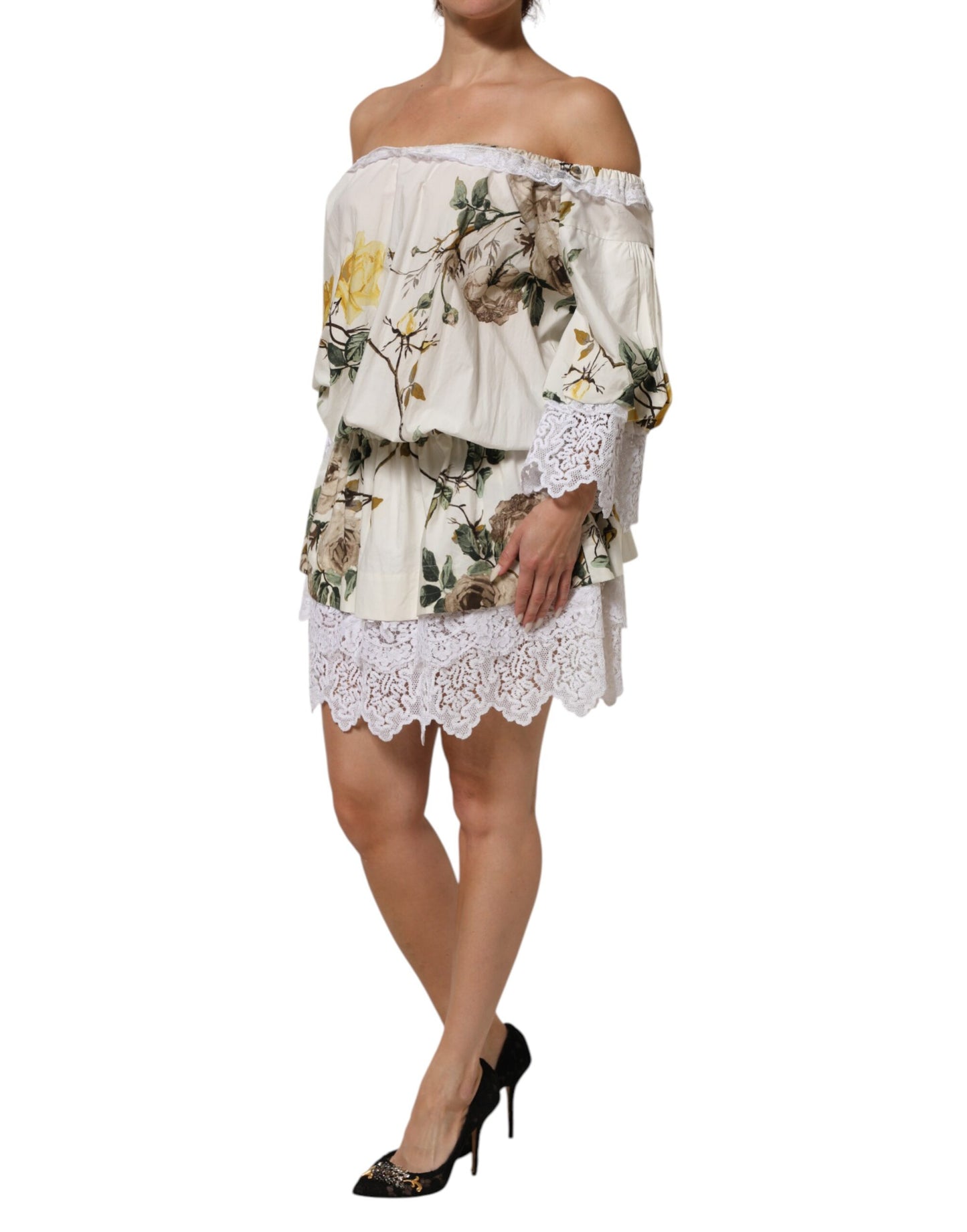 Dolce &amp; Gabbana, weißes, schulterfreies Minikleid aus geblümter Spitze