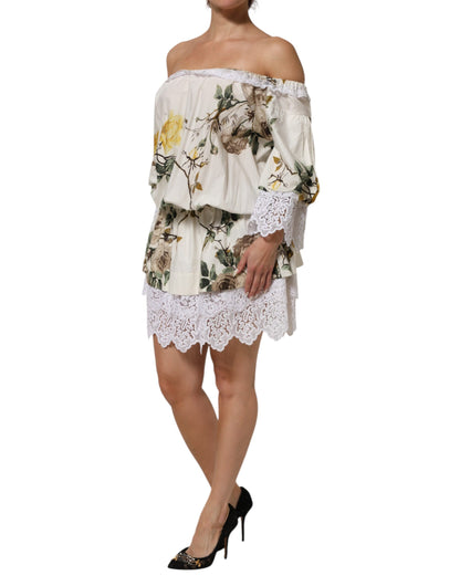 Dolce &amp; Gabbana, weißes, schulterfreies Minikleid aus geblümter Spitze