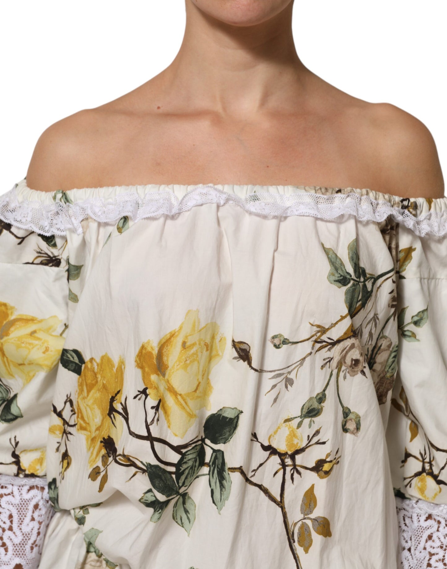 Dolce &amp; Gabbana, weißes, schulterfreies Minikleid aus geblümter Spitze