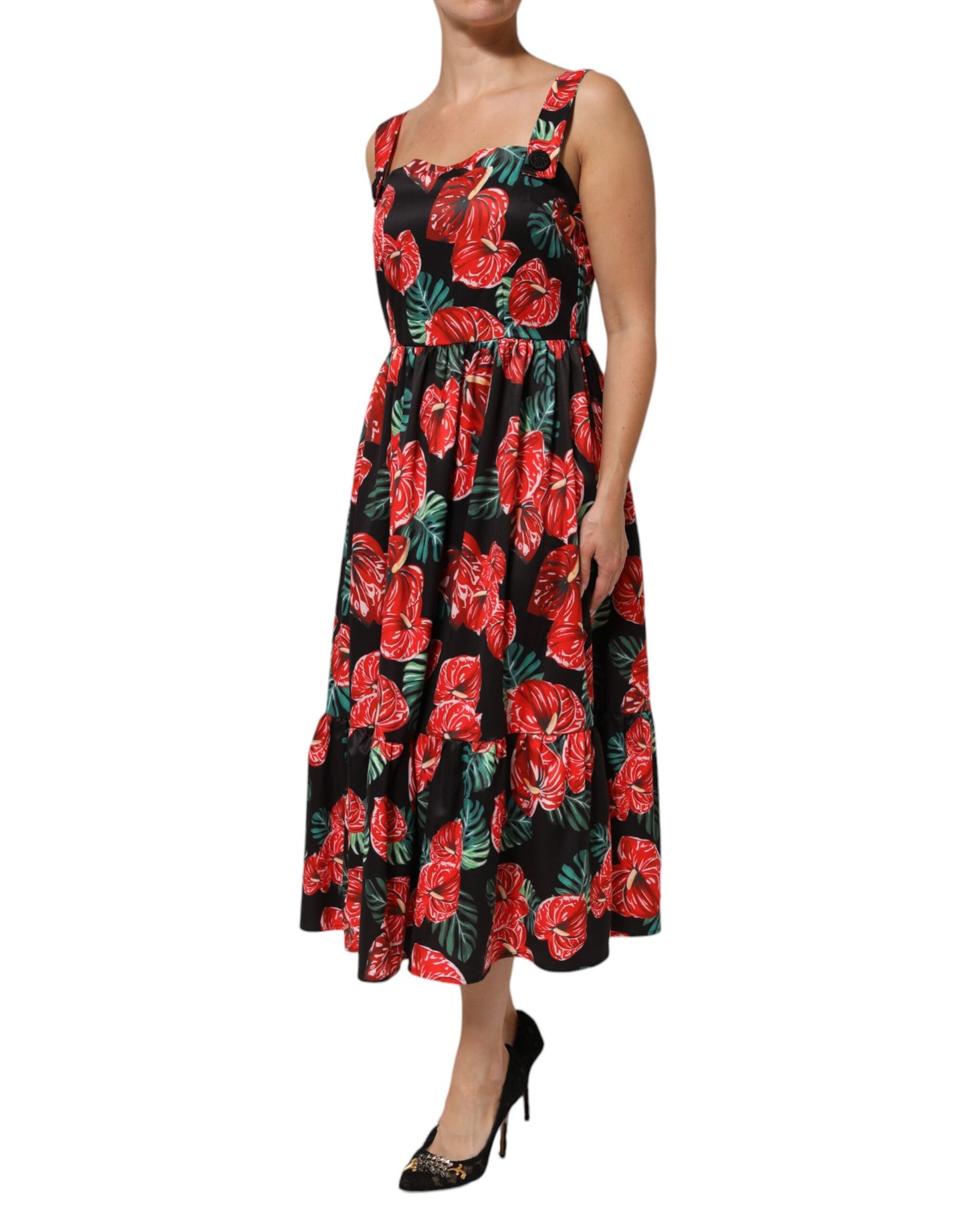 Dolce &amp; Gabbana – Midikleid aus Baumwollpopeline mit mehrfarbigem Blumenmuster