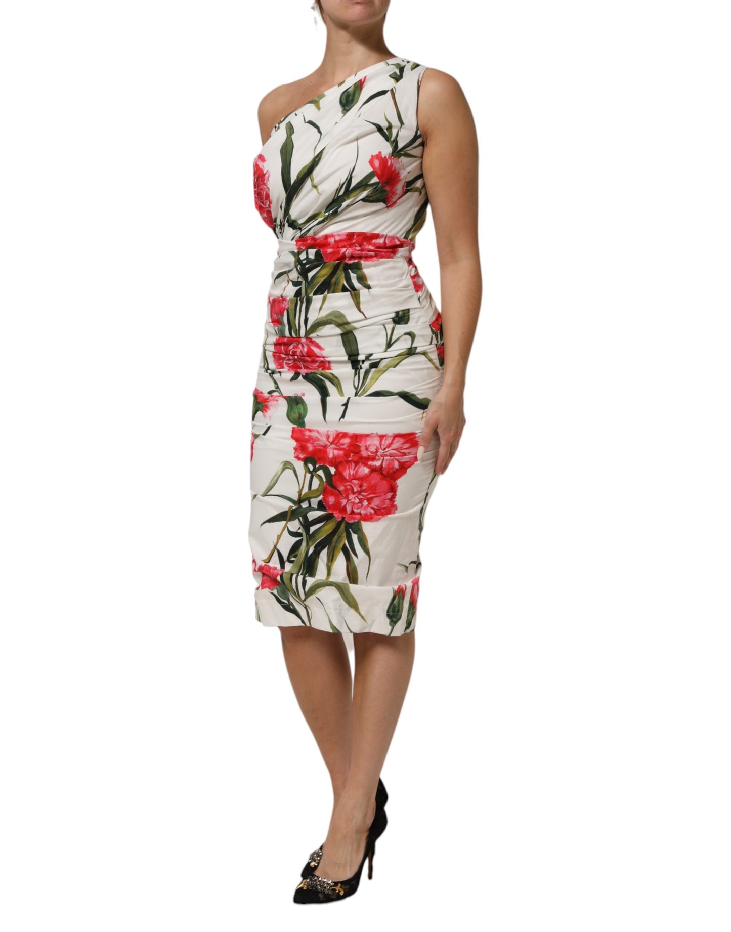 Dolce &amp; Gabbana – Weißes Etuikleid mit One-Shoulder-Träger und Blumenmuster