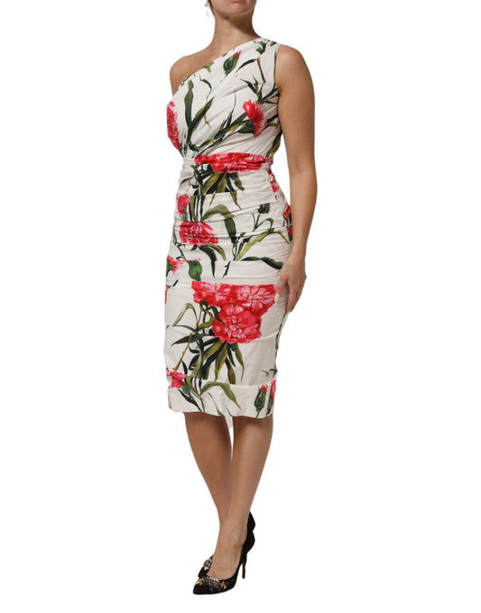 Dolce &amp; Gabbana – Weißes Etuikleid mit One-Shoulder-Träger und Blumenmuster