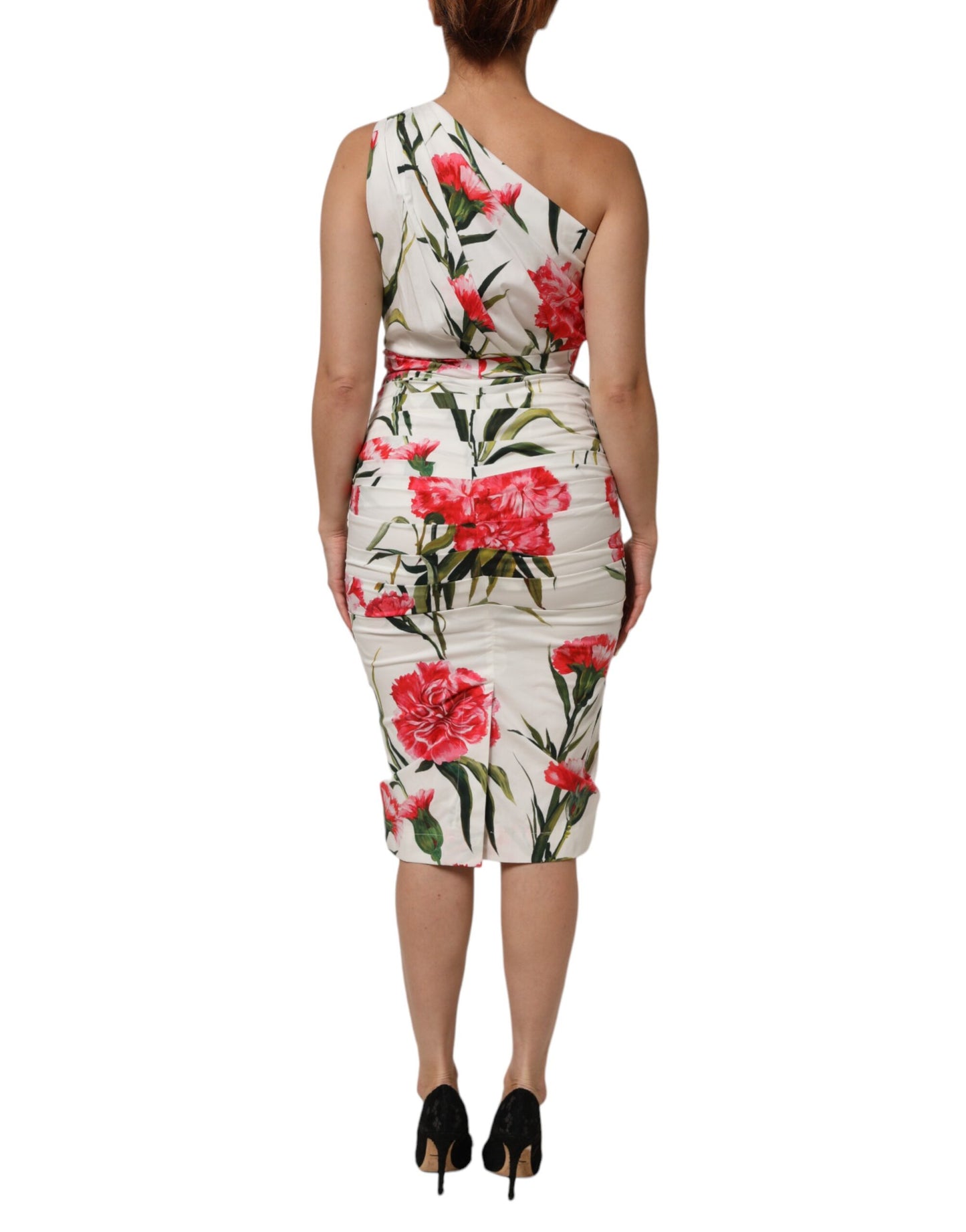 Dolce &amp; Gabbana – Weißes Etuikleid mit One-Shoulder-Träger und Blumenmuster