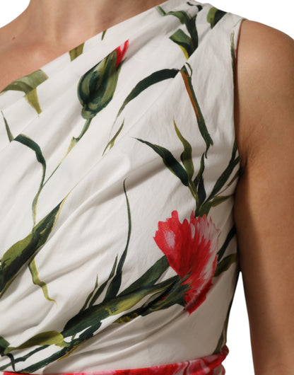 Dolce &amp; Gabbana – Weißes Etuikleid mit One-Shoulder-Träger und Blumenmuster