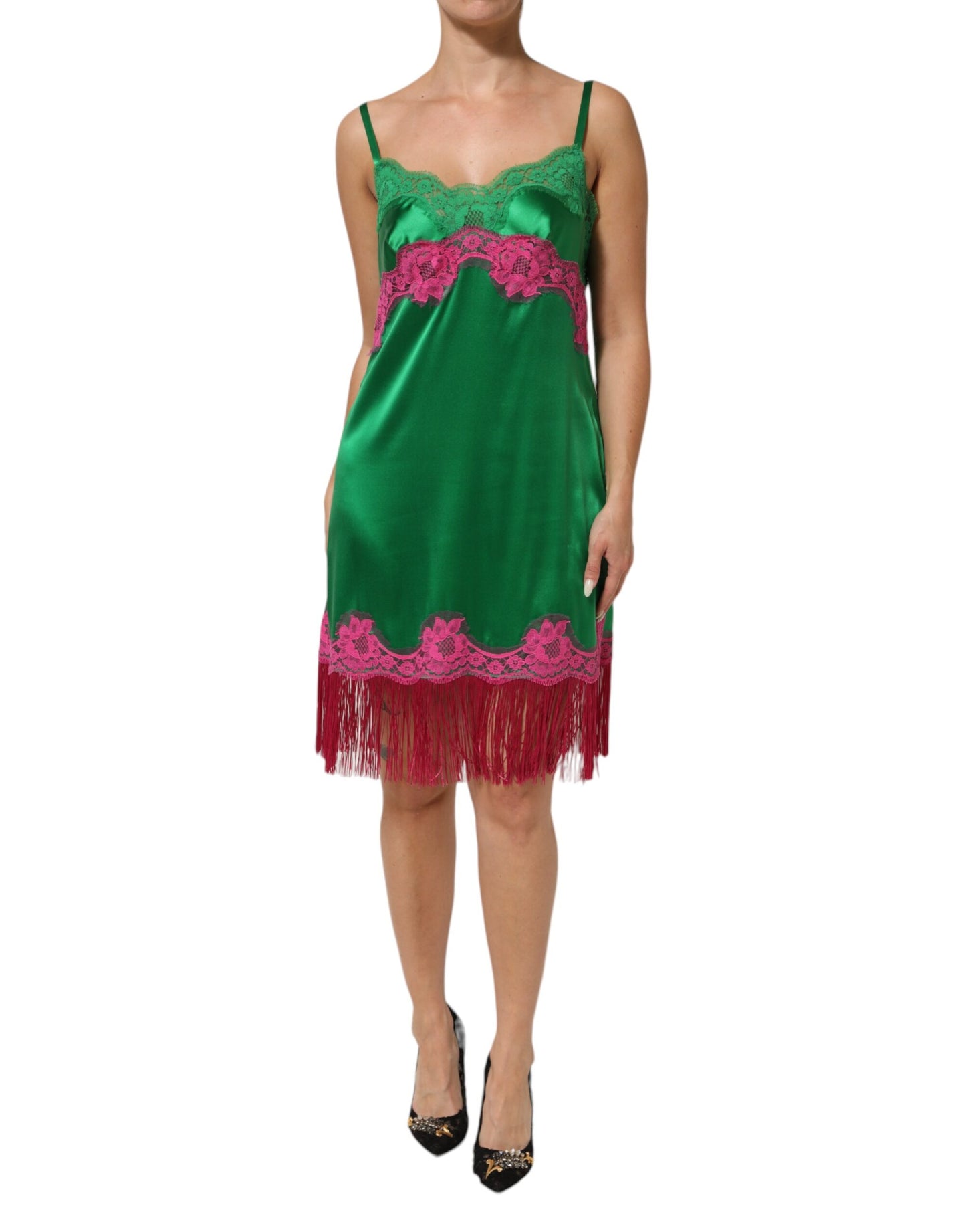 Dolce &amp; Gabbana – Grünes Dessous-Kleid mit Blumenspitze und Fransen