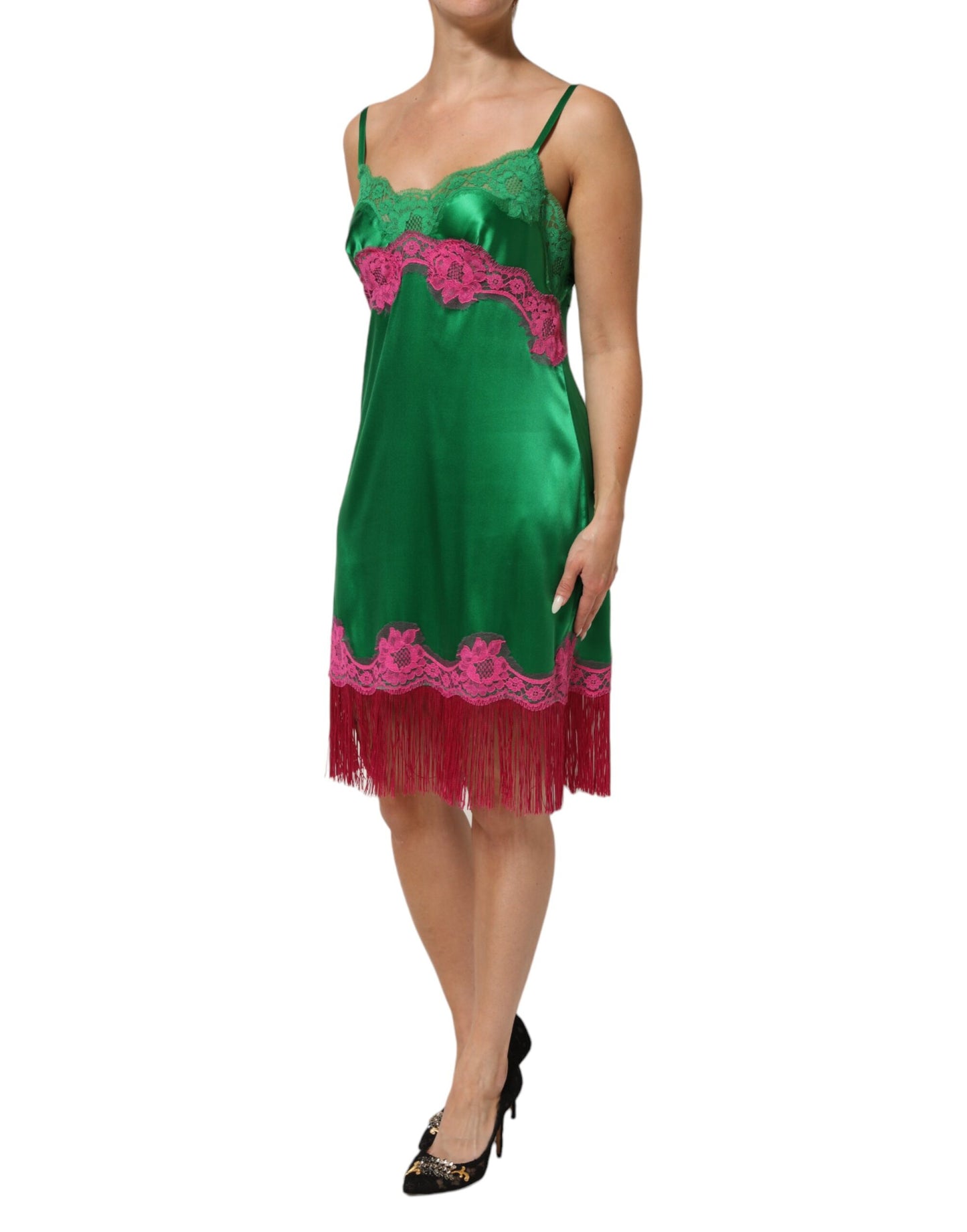 Dolce &amp; Gabbana – Grünes Dessous-Kleid mit Blumenspitze und Fransen