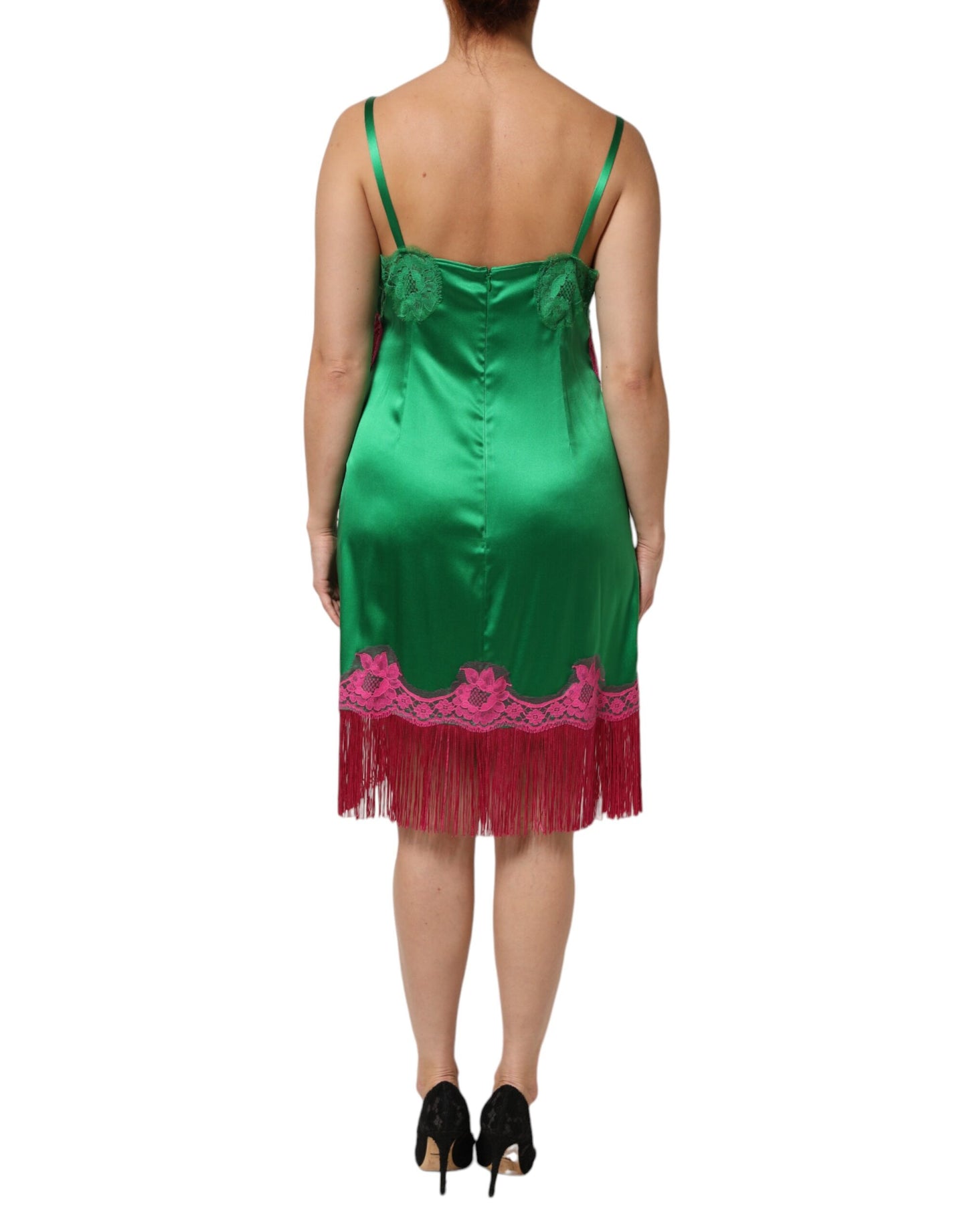 Dolce &amp; Gabbana – Grünes Dessous-Kleid mit Blumenspitze und Fransen