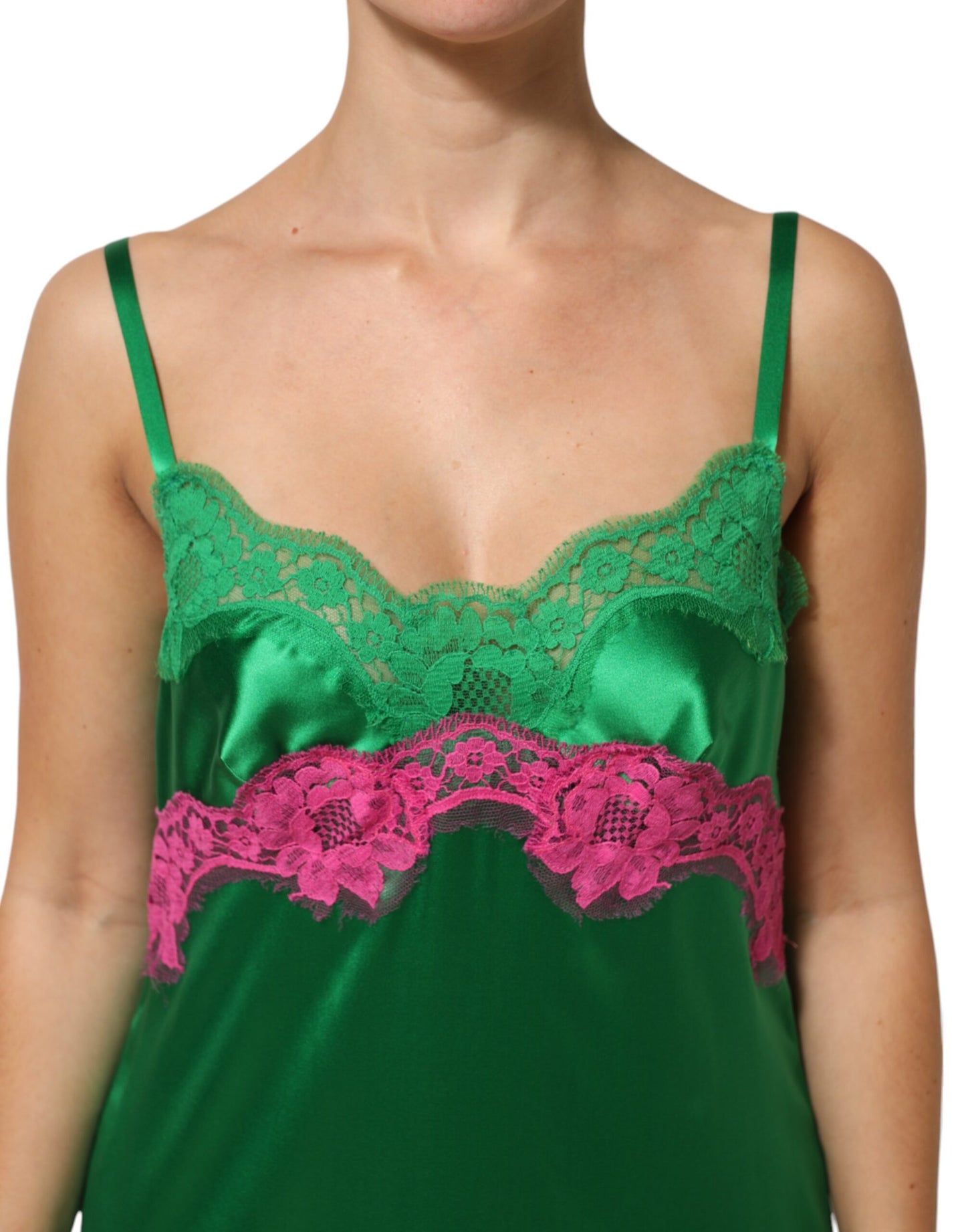 Dolce &amp; Gabbana – Grünes Dessous-Kleid mit Blumenspitze und Fransen