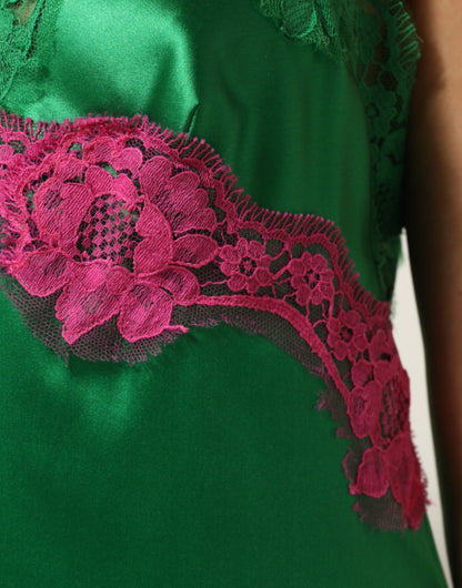 Dolce &amp; Gabbana – Grünes Dessous-Kleid mit Blumenspitze und Fransen