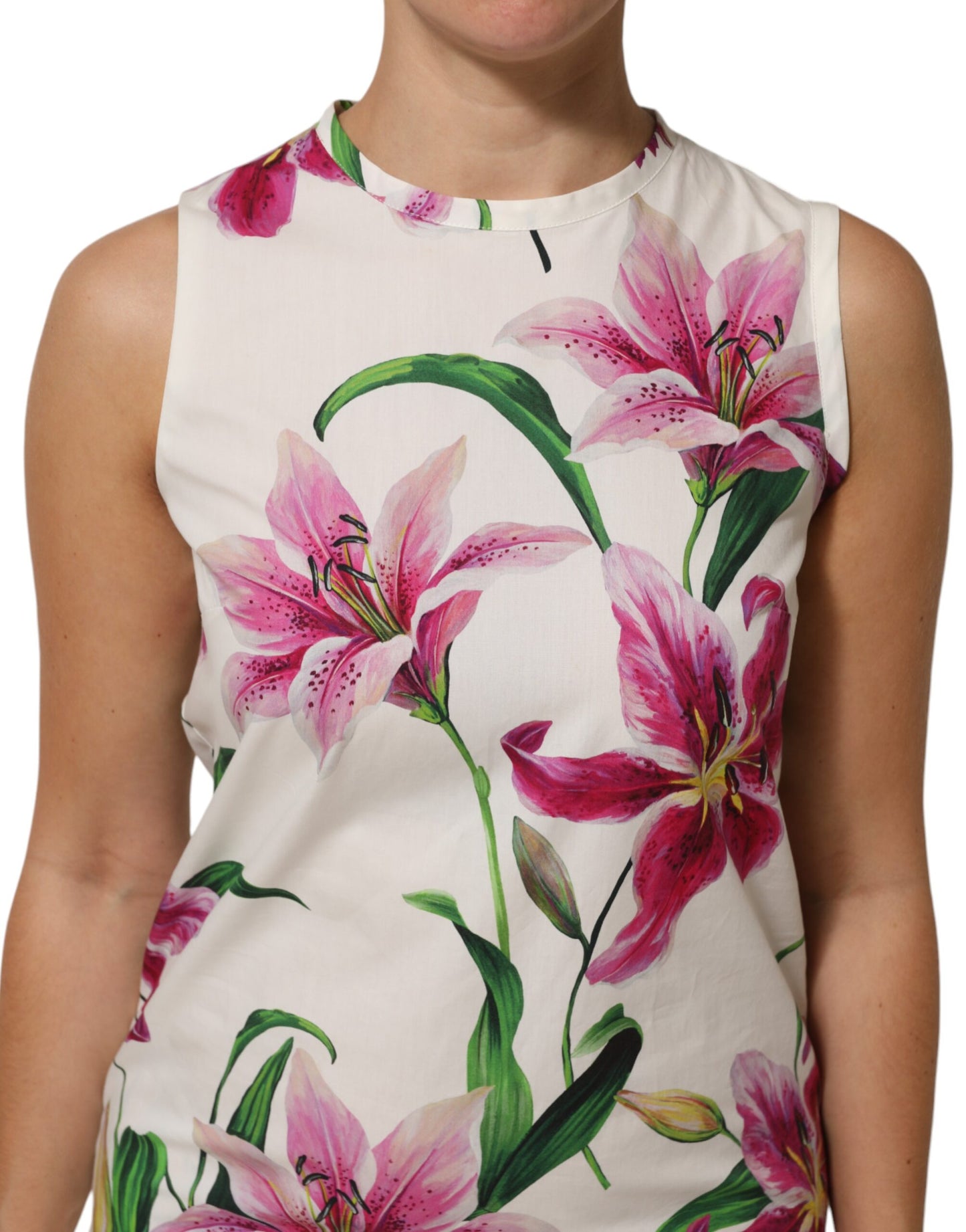 Dolce &amp; Gabbana Weißes ärmelloses Minikleid aus Baumwolle mit Blumenmuster