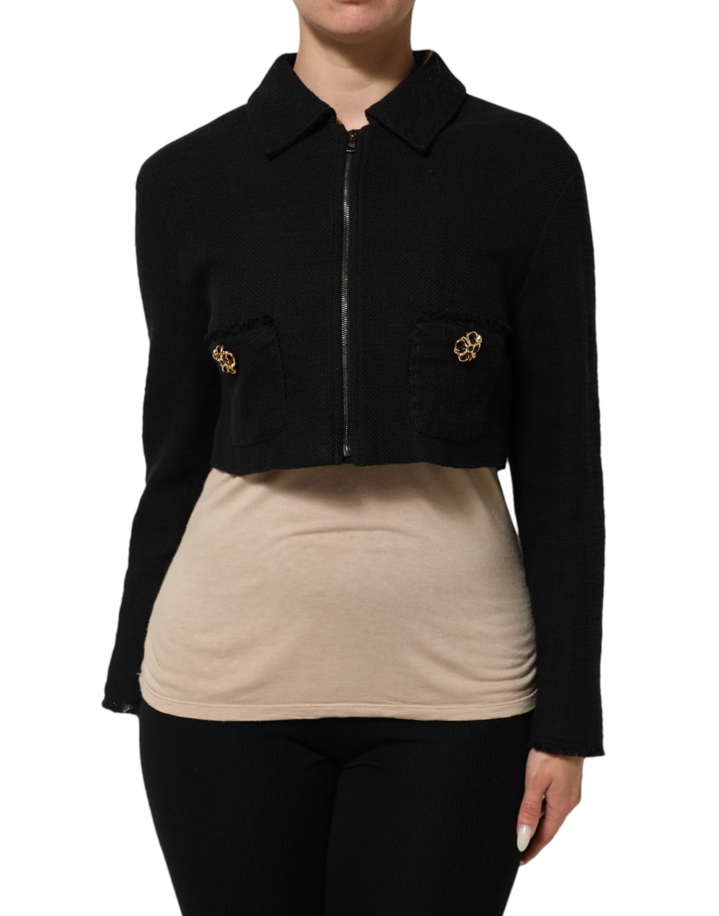 Dolce &amp; Gabbana – Kurze Manteljacke aus schwarzer Baumwolle mit durchgehendem Reißverschluss