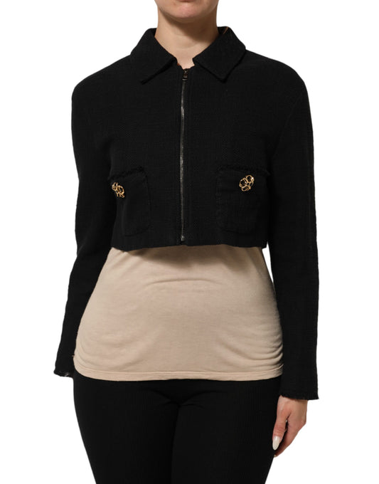 Dolce &amp; Gabbana – Kurze Manteljacke aus schwarzer Baumwolle mit durchgehendem Reißverschluss