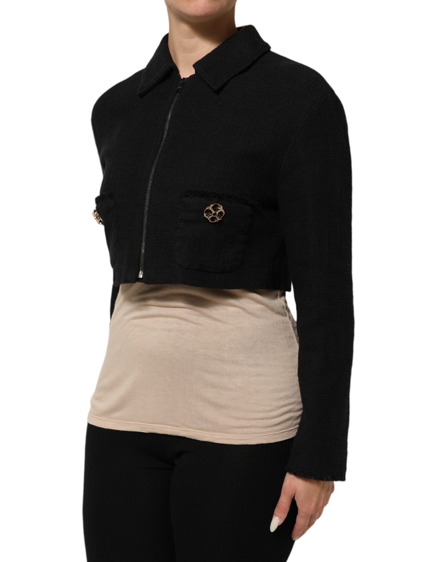 Dolce &amp; Gabbana – Kurze Manteljacke aus schwarzer Baumwolle mit durchgehendem Reißverschluss