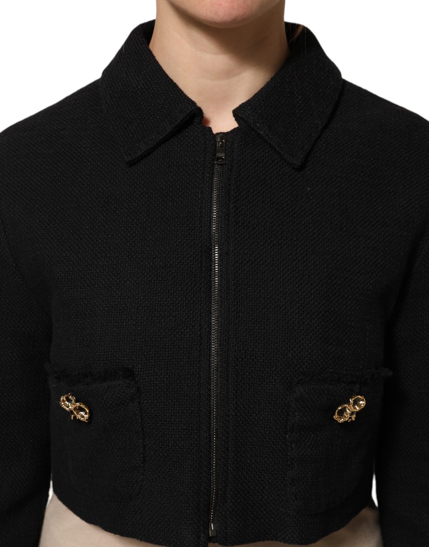 Dolce &amp; Gabbana – Kurze Manteljacke aus schwarzer Baumwolle mit durchgehendem Reißverschluss