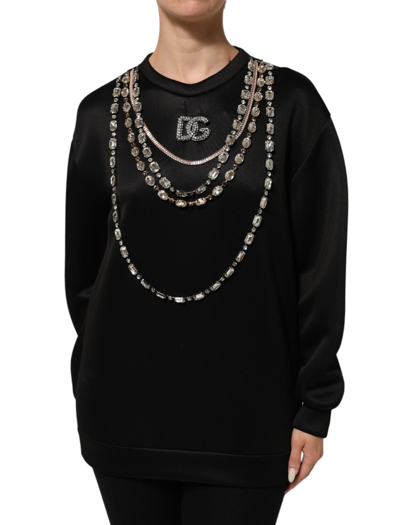 Dolce &amp; Gabbana Schwarze Halskette Kristall DG Logo Sweatshirt Pullover