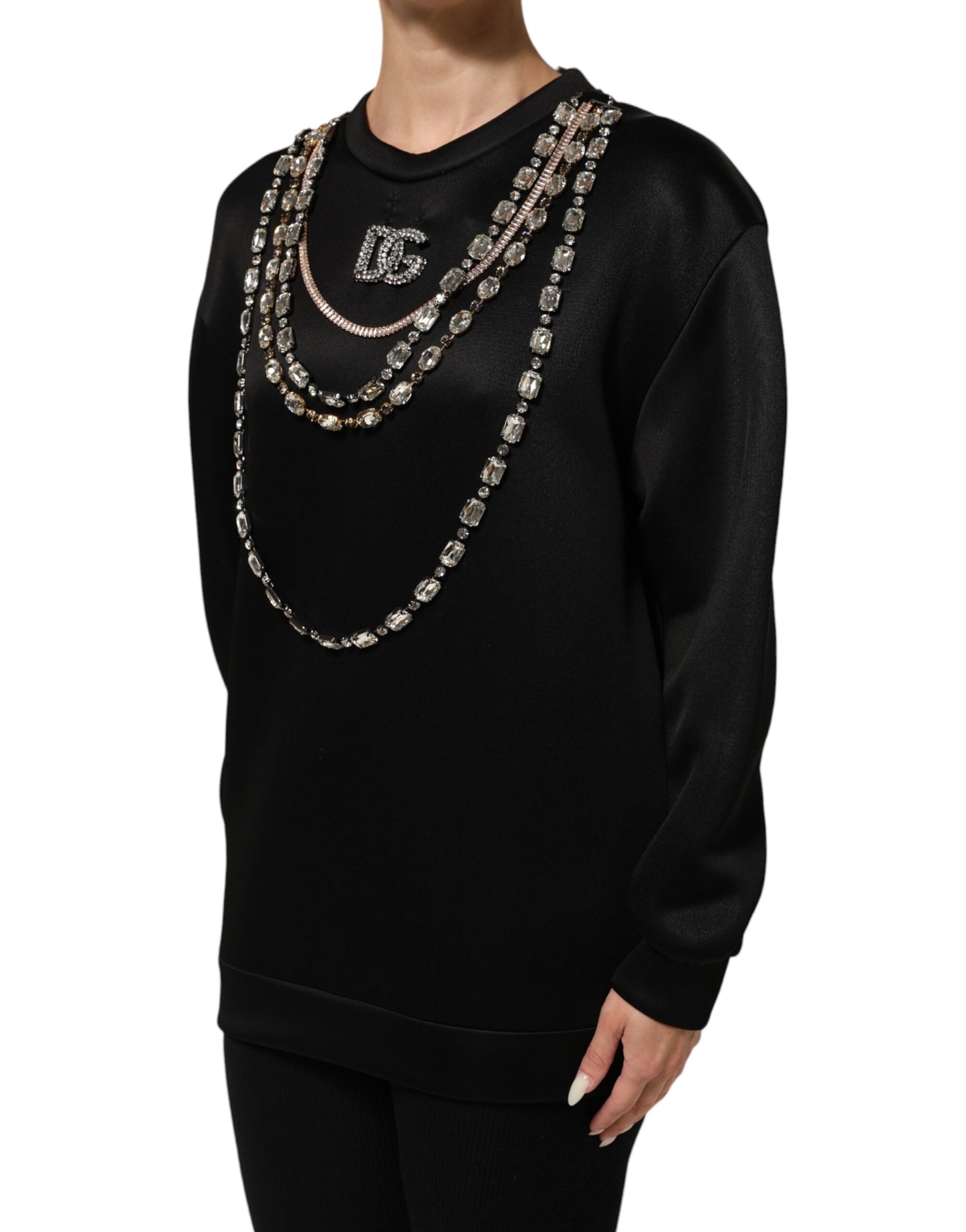 Dolce &amp; Gabbana Schwarze Halskette Kristall DG Logo Sweatshirt Pullover