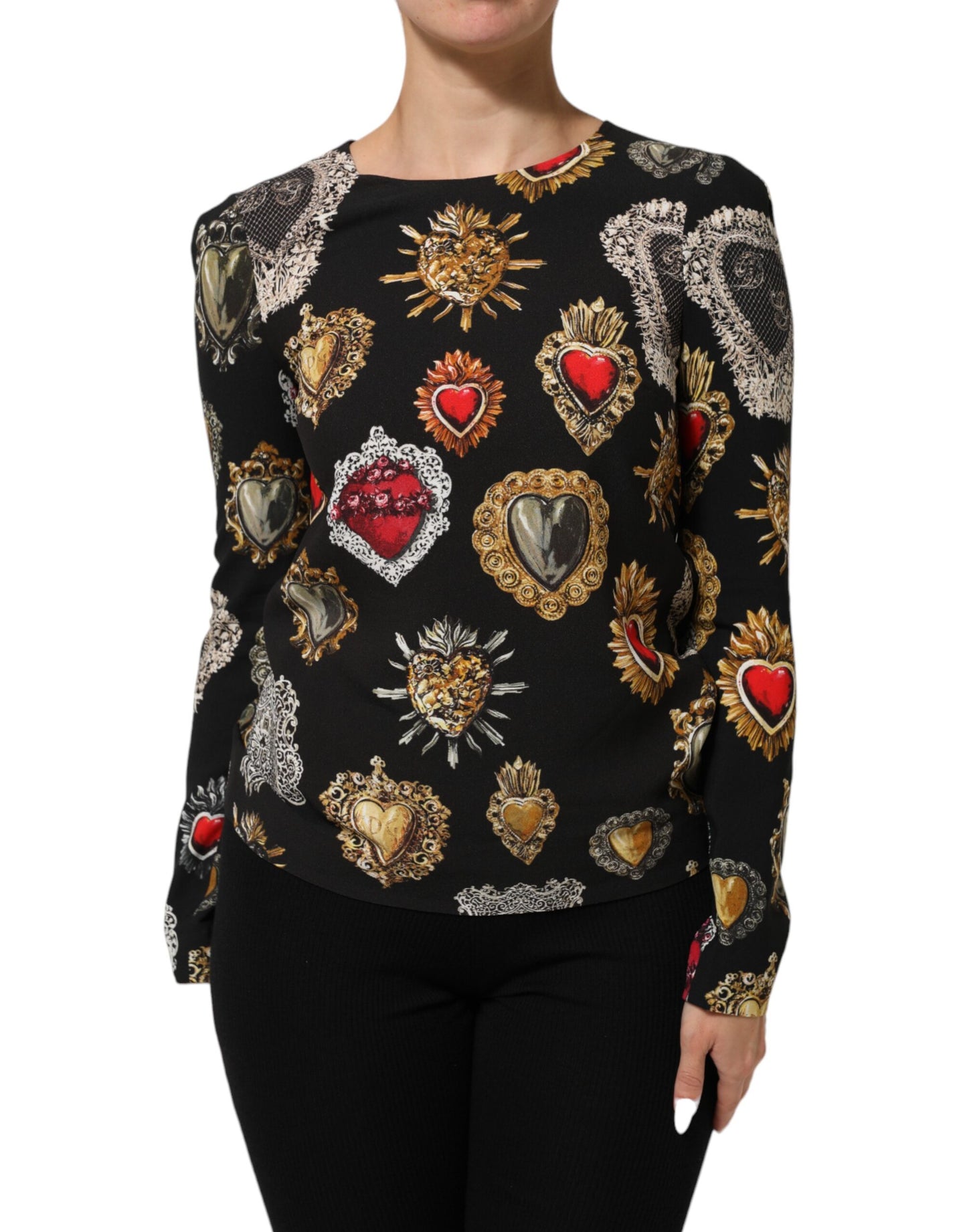 Dolce &amp; Gabbana – Schwarzes, langärmliges Oberteil mit Herz-Jesu-Print
