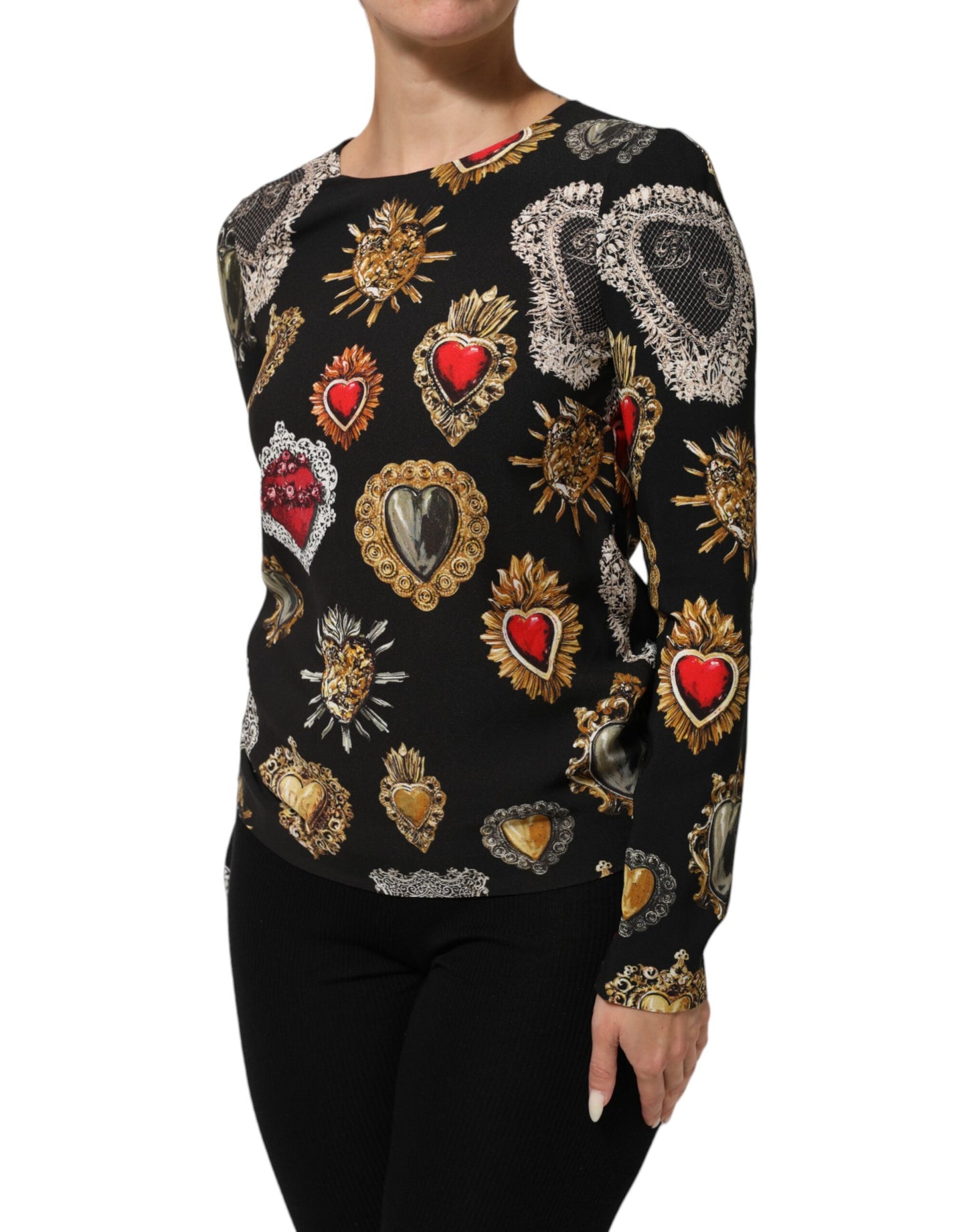 Dolce &amp; Gabbana – Schwarzes, langärmliges Oberteil mit Herz-Jesu-Print
