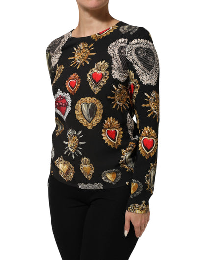 Dolce &amp; Gabbana – Schwarzes, langärmliges Oberteil mit Herz-Jesu-Print