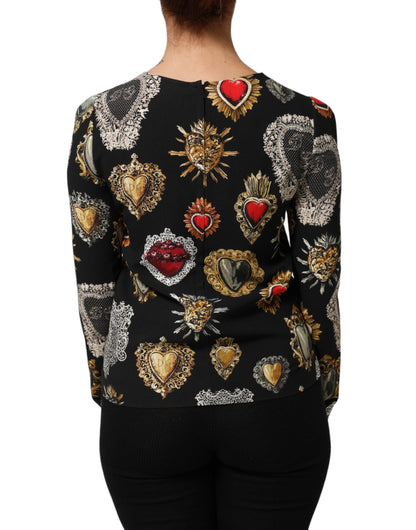 Dolce &amp; Gabbana – Schwarzes, langärmliges Oberteil mit Herz-Jesu-Print