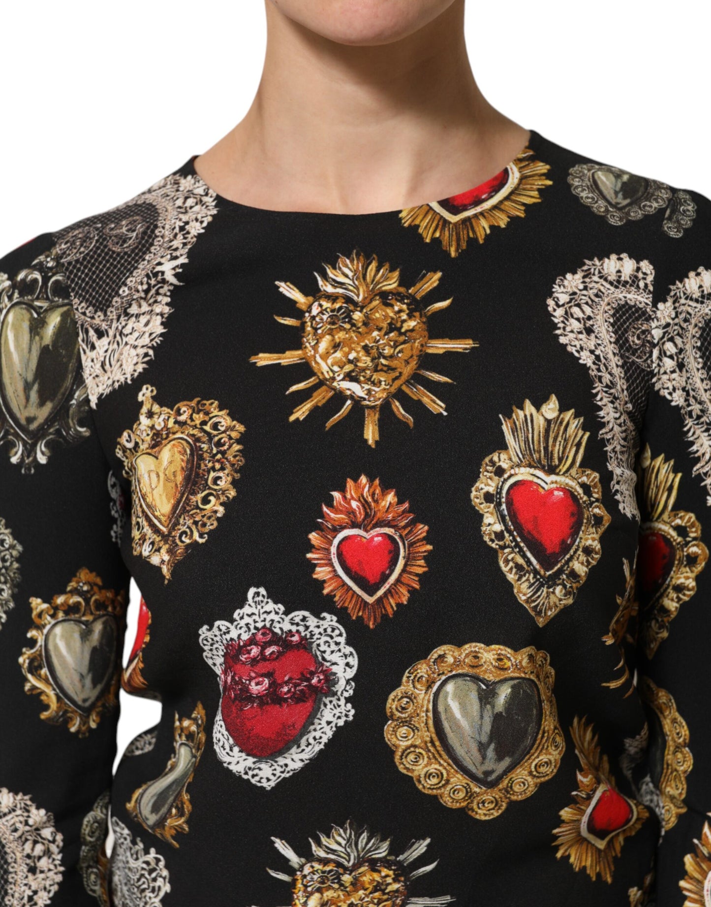 Dolce &amp; Gabbana – Schwarzes, langärmliges Oberteil mit Herz-Jesu-Print