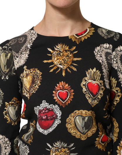 Dolce &amp; Gabbana – Schwarzes, langärmliges Oberteil mit Herz-Jesu-Print
