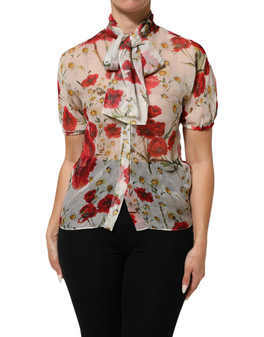 Dolce & Gabbana – Weiße Bluse mit Blumenmuster und Schleife am Halsausschnitt und Mohnmuster