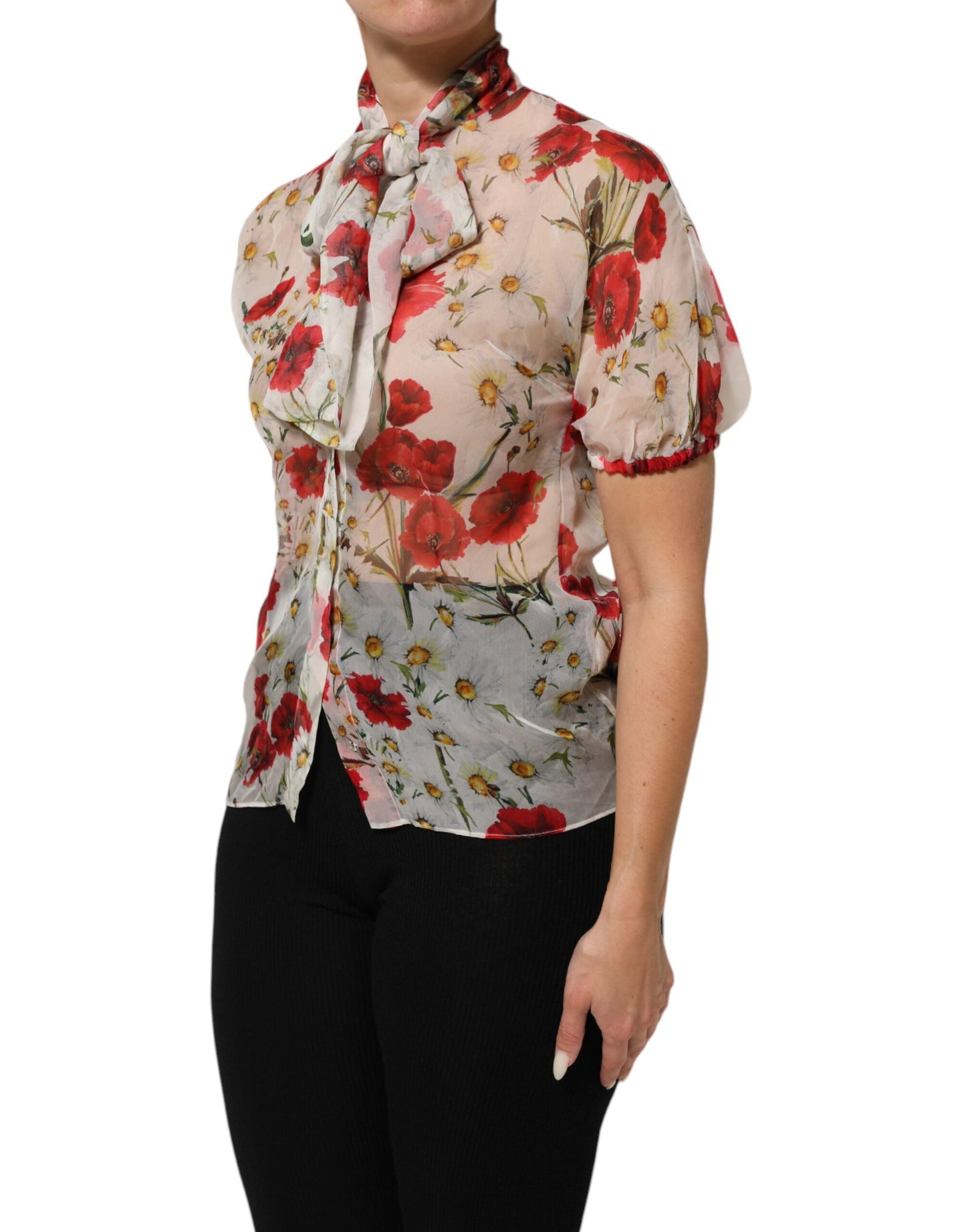Dolce &amp; Gabbana – Weiße Bluse mit Blumenmuster und Schleife am Halsausschnitt und Mohnmuster