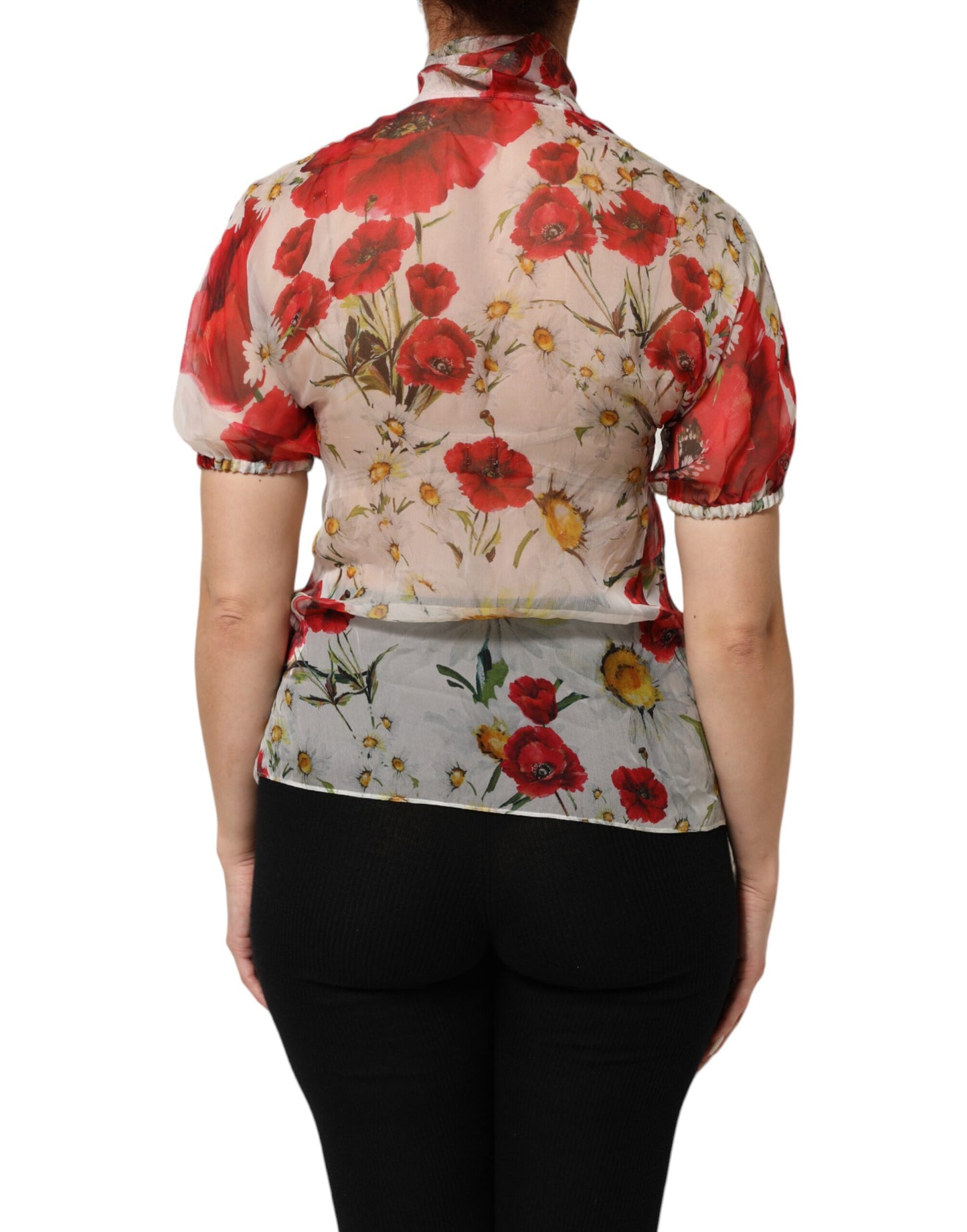 Dolce &amp; Gabbana – Weiße Bluse mit Blumenmuster und Schleife am Halsausschnitt und Mohnmuster