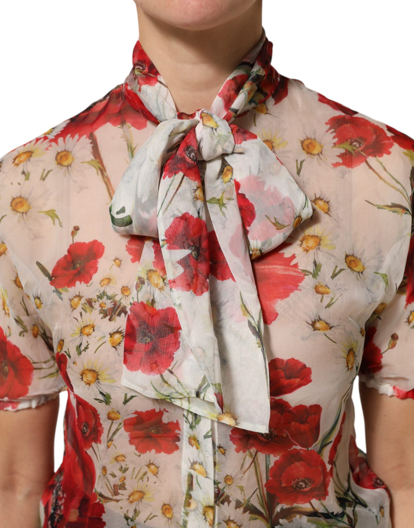 Dolce &amp; Gabbana – Weiße Bluse mit Blumenmuster und Schleife am Halsausschnitt und Mohnmuster