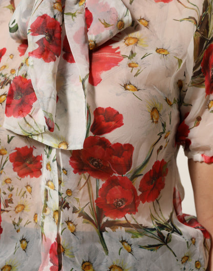 Dolce &amp; Gabbana – Weiße Bluse mit Blumenmuster und Schleife am Halsausschnitt und Mohnmuster