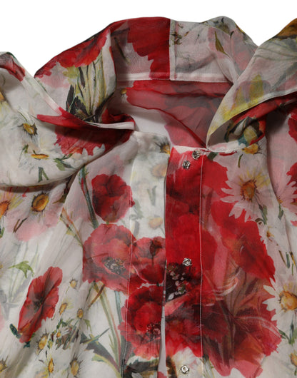 Dolce &amp; Gabbana – Weiße Bluse mit Blumenmuster und Schleife am Halsausschnitt und Mohnmuster