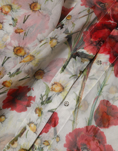Dolce &amp; Gabbana – Weiße Bluse mit Blumenmuster und Schleife am Halsausschnitt und Mohnmuster