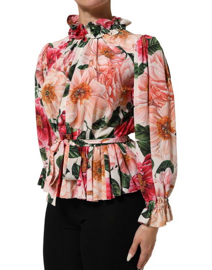 Dolce &amp; Gabbana – Blusentop aus Seide mit Rüschen und Blumenmuster in Rosa