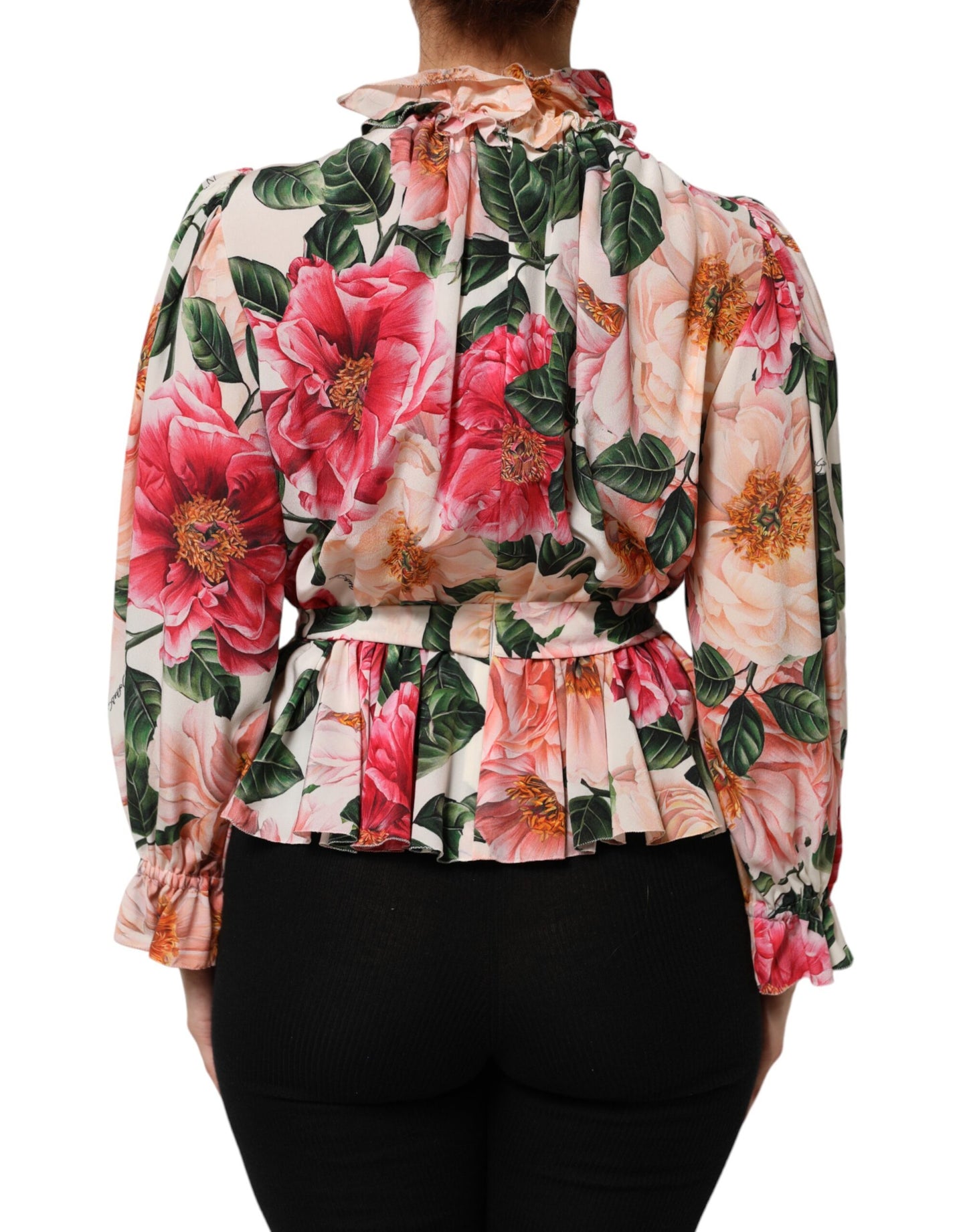 Dolce &amp; Gabbana – Blusentop aus Seide mit Rüschen und Blumenmuster in Rosa