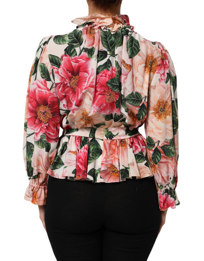 Dolce &amp; Gabbana – Blusentop aus Seide mit Rüschen und Blumenmuster in Rosa