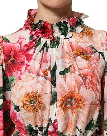 Dolce &amp; Gabbana – Blusentop aus Seide mit Rüschen und Blumenmuster in Rosa
