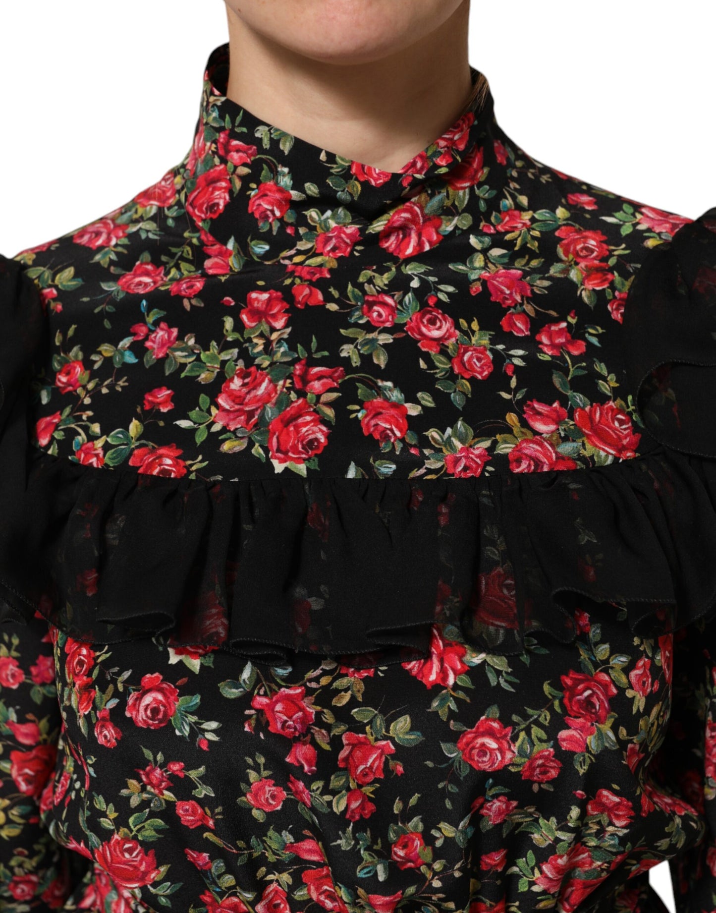 Dolce &amp; Gabbana – Schwarzes, langärmliges Blusentop mit Blumenmuster