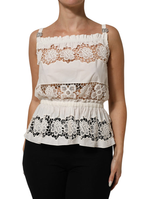 Dolce &amp; Gabbana Tanktop aus weißer Popeline mit durchbrochener Stickerei